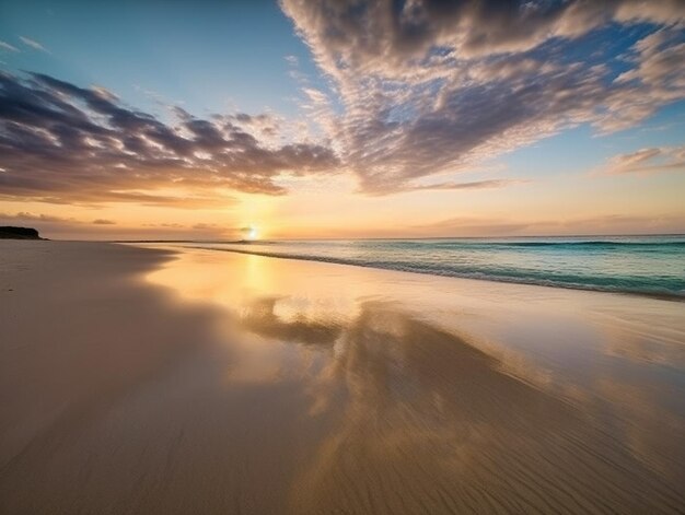 A beach at sunset with a sunset in the background