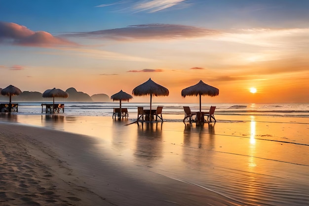 A beach at sunset with umbrellas and a sunset in the background.