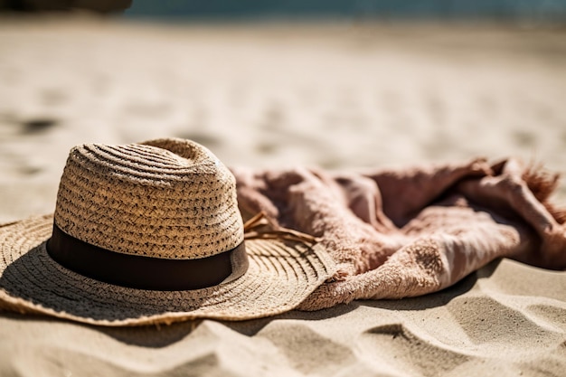 Beach towel straw hat in sunny day Holiday ocean lifestyle Generate Ai