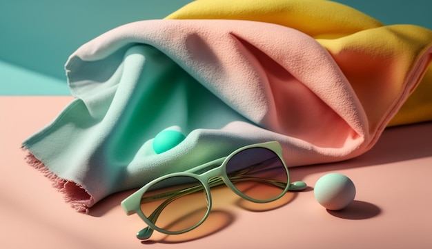 Beach towel and sunglasses in summer concept with Generative AI