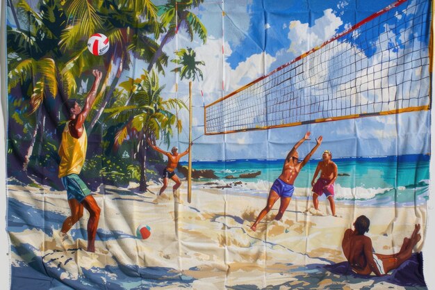 A beach towel with a lively depiction of a beach volleyball game