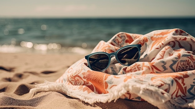 A beach towel with sunglasses on it and the word beach on it.