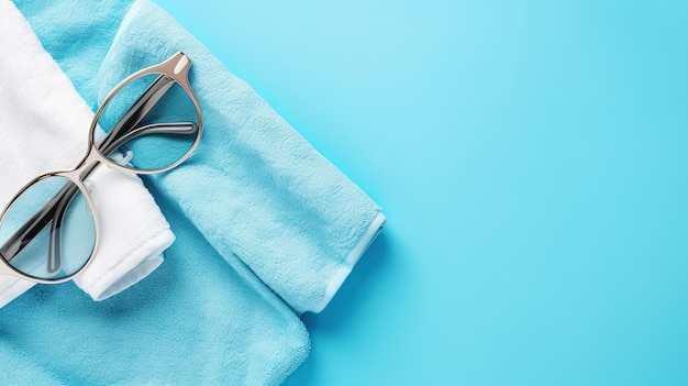 Beach towels with sunglasses on blue background