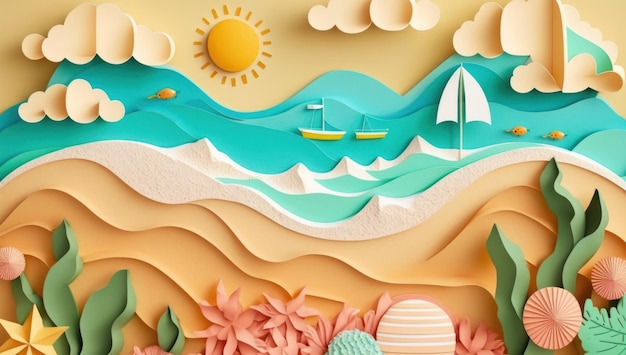 Photo beach town background in paper craft