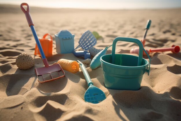 Beach toys on the beach in summer Created with generative AI technology