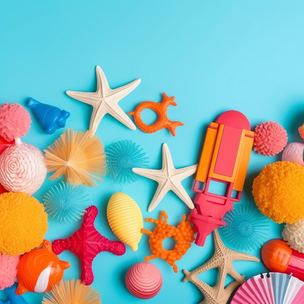 Beach toys flat lay in blue background ai generated