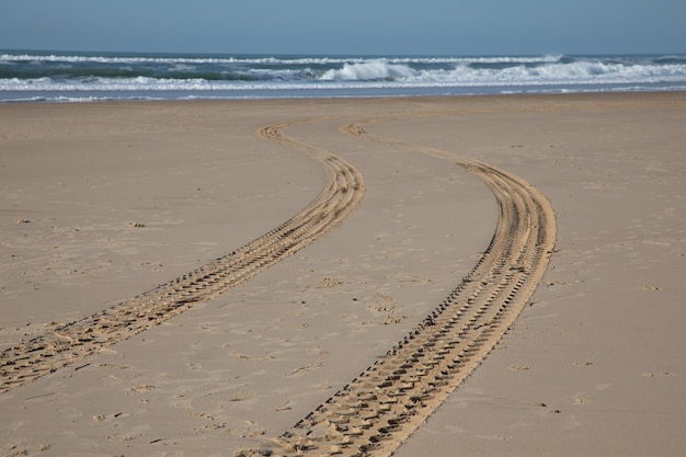 自然の背景の砂の海岸海でタイヤ車のビーチの痕跡