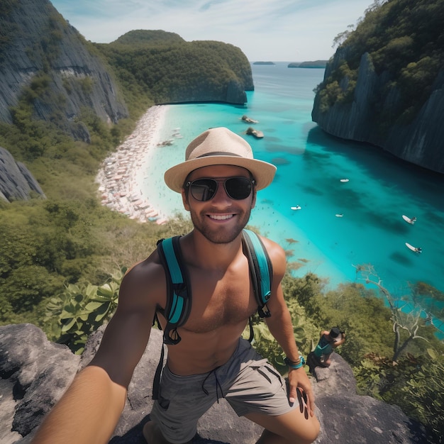 カラフルな青い海の景色を望む岩の上で自撮りをしている男性のビーチ旅行の画像