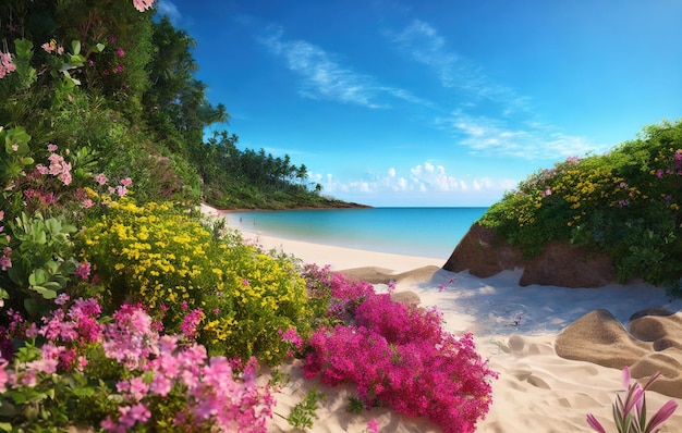 Summer beach scenery with flowers hi-res stock photography and