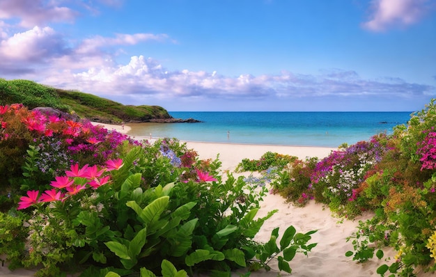 beach tropical garden with water and flowers