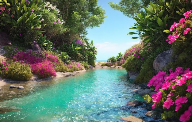 beach tropical garden with water and flowers