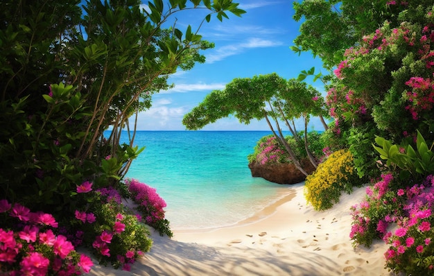 beach tropical garden with water and flowers