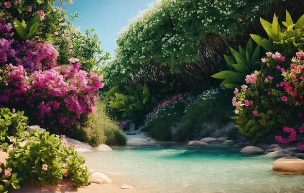 beach tropical garden with water and flowers