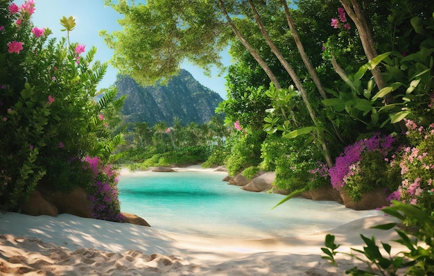 beach tropical garden with water and flowers