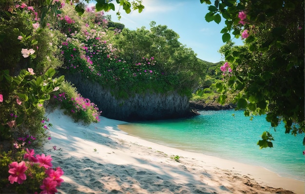 beach tropical garden with water and flowers