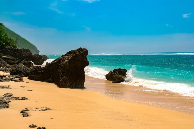 Spiaggia sull'isola tropicale acqua cristallina sabbia e pietre