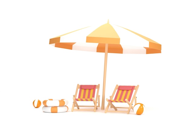 비치 파라솔 비치 볼 수영 링과 비치 의자 여름 여행 및 휴가 개념