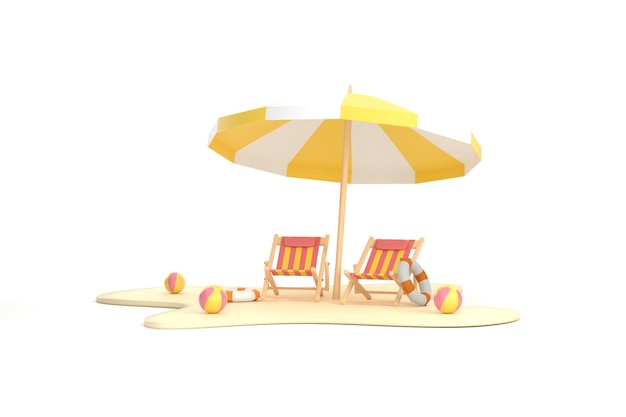 Beach umbrella beach ball swimming ring and beach chair Summer travel and holiday