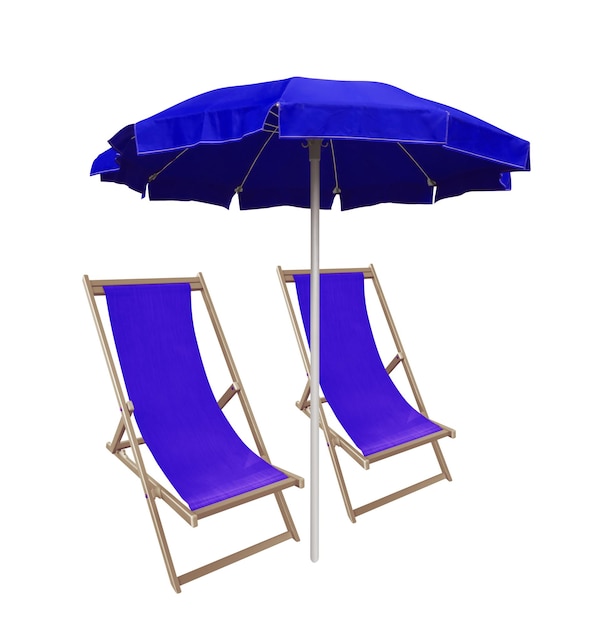 Beach umbrella and deckchairs blue