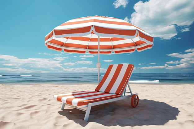 사진 해변 우산은 라운지 의자 에 모래입니다. 우산은 줄무이고 의자는 빨간색과 색입니다.