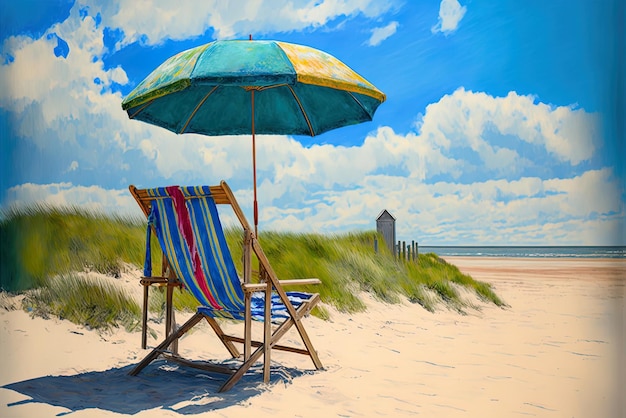 Beach umbrella and lounge chair on a secluded sandbar
