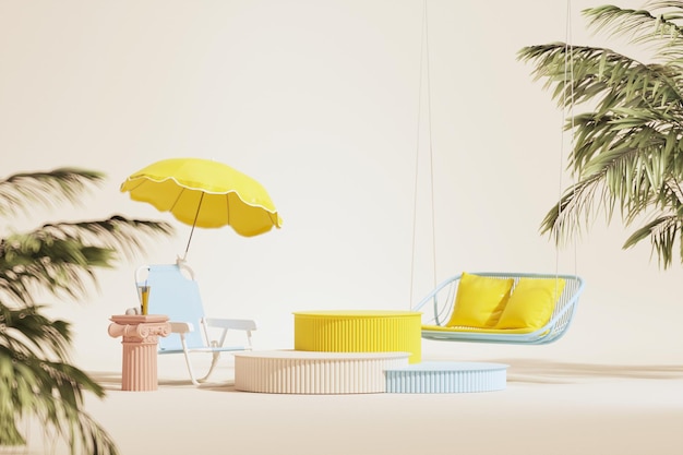 Пляжный зонтик, шезлонг, голубое небо и тропические листья для отдыха, отдыха и летней концепции