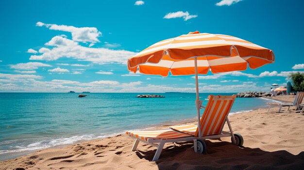 beach umbrella and sunbeds in tropical paradise