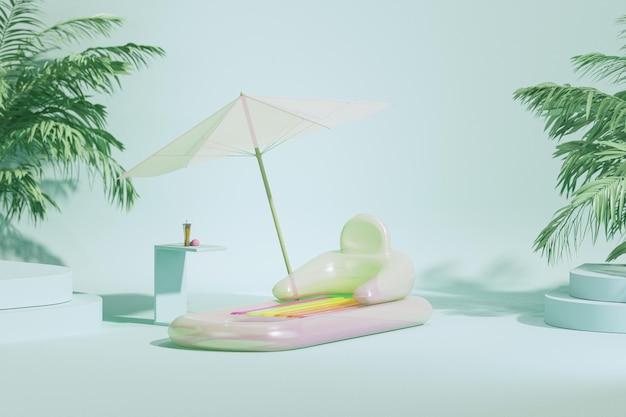 Beach umbrella and swimming float sun lounger on green background Vacation holiday summer concept