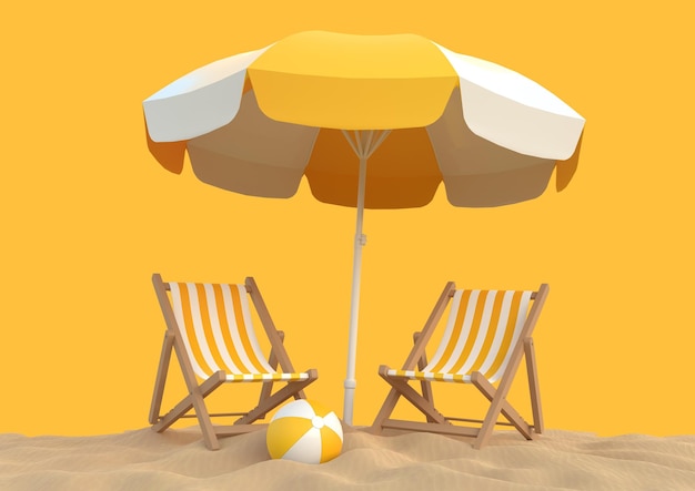 Beach umbrella with chairs and beach accessories on the bright orange background 3D render