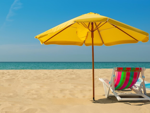 Beach umbrella with chairs inflatable ring on beach sand summer vacation concept