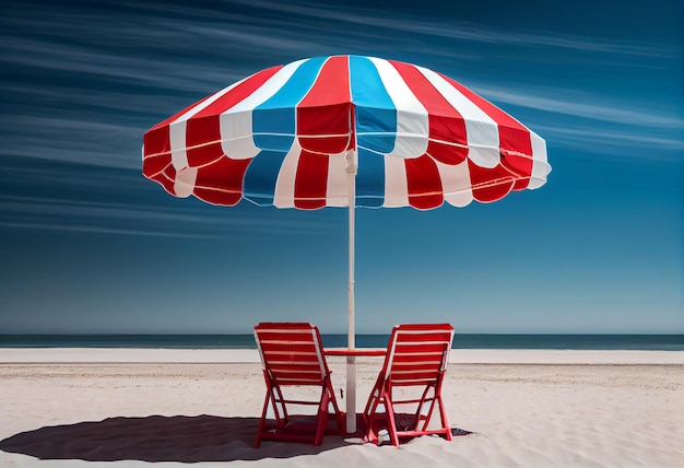 Beach umbrella with chairs and sand