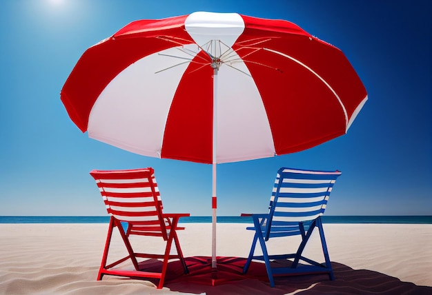 Beach umbrella with chairs and sand