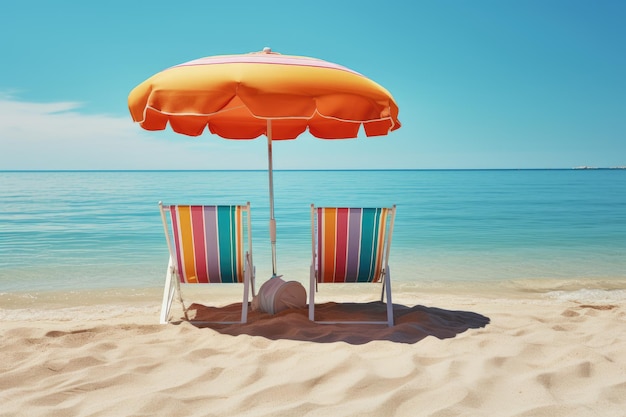 Beach umbrella with sunbeds Two colored sunbeds under large umbrella on the beach Summer vacation at sea