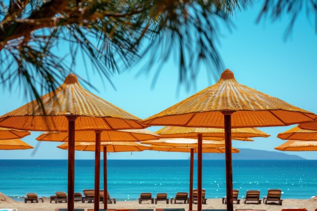 Beach umbrellas blue sea sandy beach relaxation