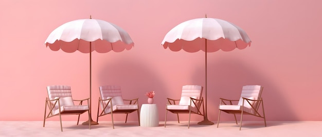 beach umbrellas and chairs on pink background