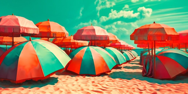 Beach umbrellas on an orange water background