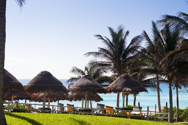 Beach umbrellas at the vacation resort in Mexico.