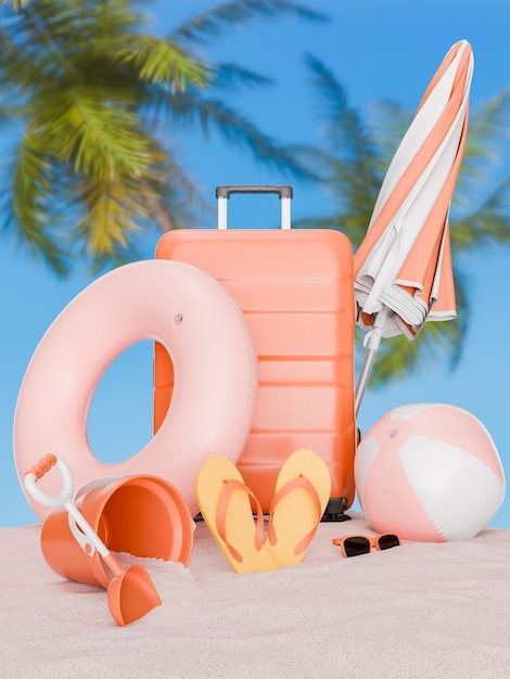 Beach vacation essentials with palm trees and luggage