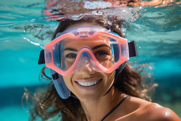 beach vacation fun woman wearing a snorkel scuba mask making a goofy face while swimming in ocean
