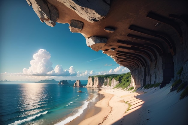 A beach view from a cliff with a beach and the sea below it.