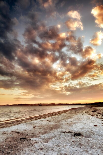 Beach view of sky and clouds at sunset with calm sea water in summer Nature landscape of a coastline with a cloudy scene over the horizon Seaside tides and currents on a bright and beautiful day