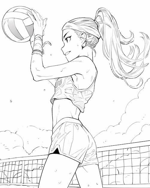 Photo beach volleyball black white illustration for summer vacation coloring