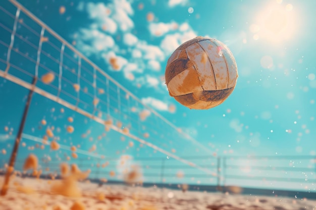 Beach Volleyball Frozen in MidAir Action Shot A dynamic closeup of a beach volleyball suspended in midair with a clear blue sky backdrop