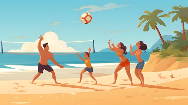 Игра в пляжный волейбол с друзьями, наслаждающимися солнцем.