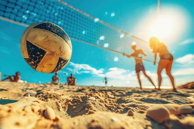 Foto beach volleyball un gruppo di amici che giocano a beach volleyball sulla sabbia lo spirito di lavoro di squadra compete