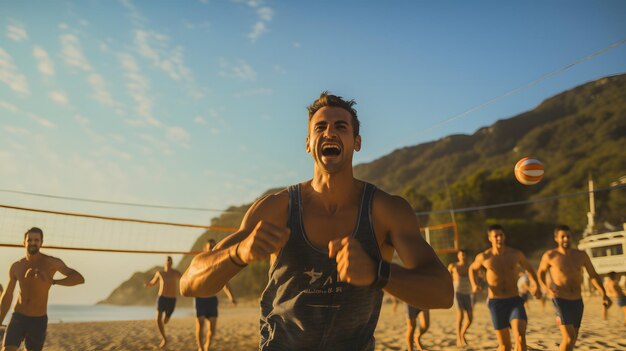 Beach volleyball match with professional players and intense competition