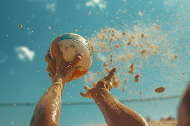 Beach Volleyball Player39s Hand Reaching for the Ball A beach volleyball player39s hand skillfully reaches for the ball against a clear blue sky capturing the energy of the game