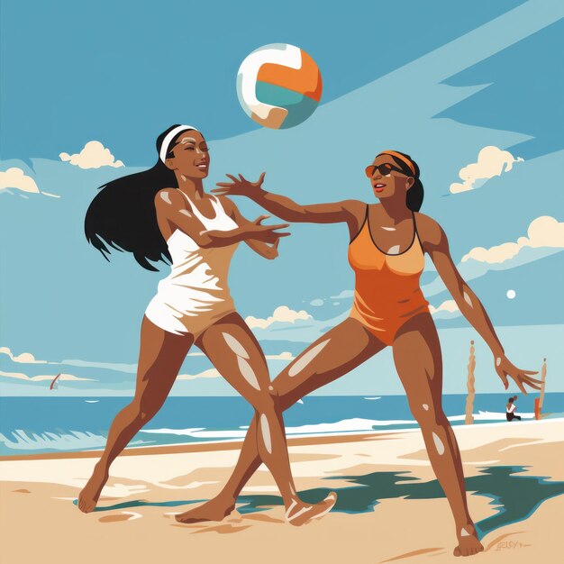 Beach volleyball two women playing volleyball in the sand and summer sun Fitness diversity and sport