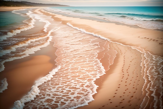 The beach was deserted the waves crashing against the sand