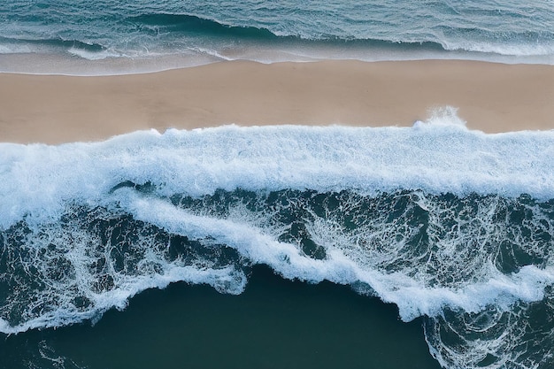 Beach and waves from above Aerial view of a blue ocean Top view of the drone